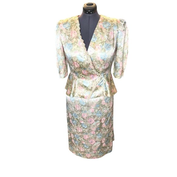 Vintage 1980s Risa Ann Floral Peplum Jacket & Skirt Set With Lace Trim Pastel Co - Picture 9 of 10